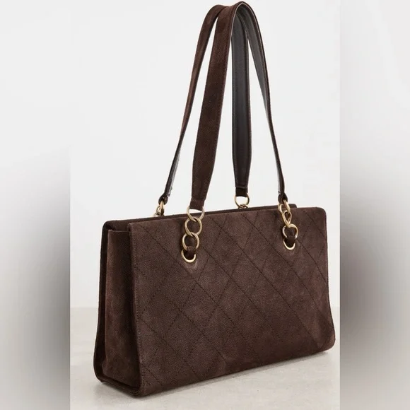 RARE~Chanel Suede Calfskin Antique Gold Metal Brown Shoulder Bag - Picture 3 of 10